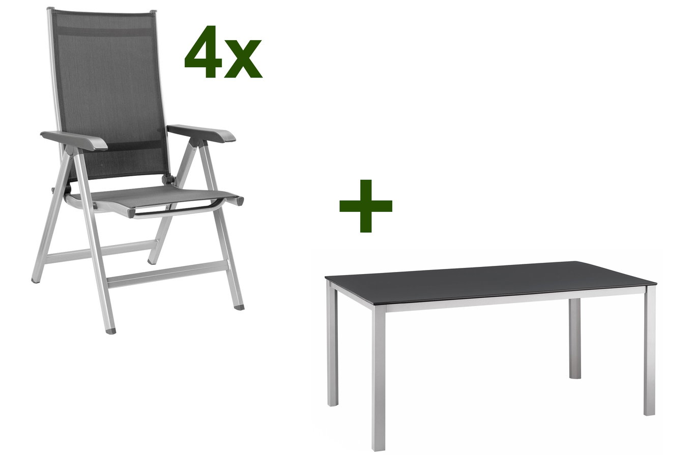 Kettler Garten-Essgruppe, silber/anthrazit, Kettalux-Plus Dining-Tisch 160x95cm, 4 Klappstühle BasicPlus 13695__1