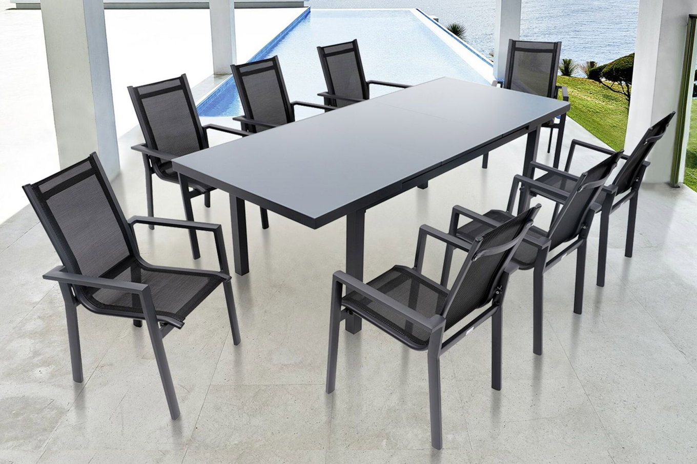 OUTFLEXX Premium Garten-Essgruppe, OUTFLEXX® anthrazit matt, Alu/Textilene, Tisch 180/240x100cm, 8 Stapelsessel 19298__1