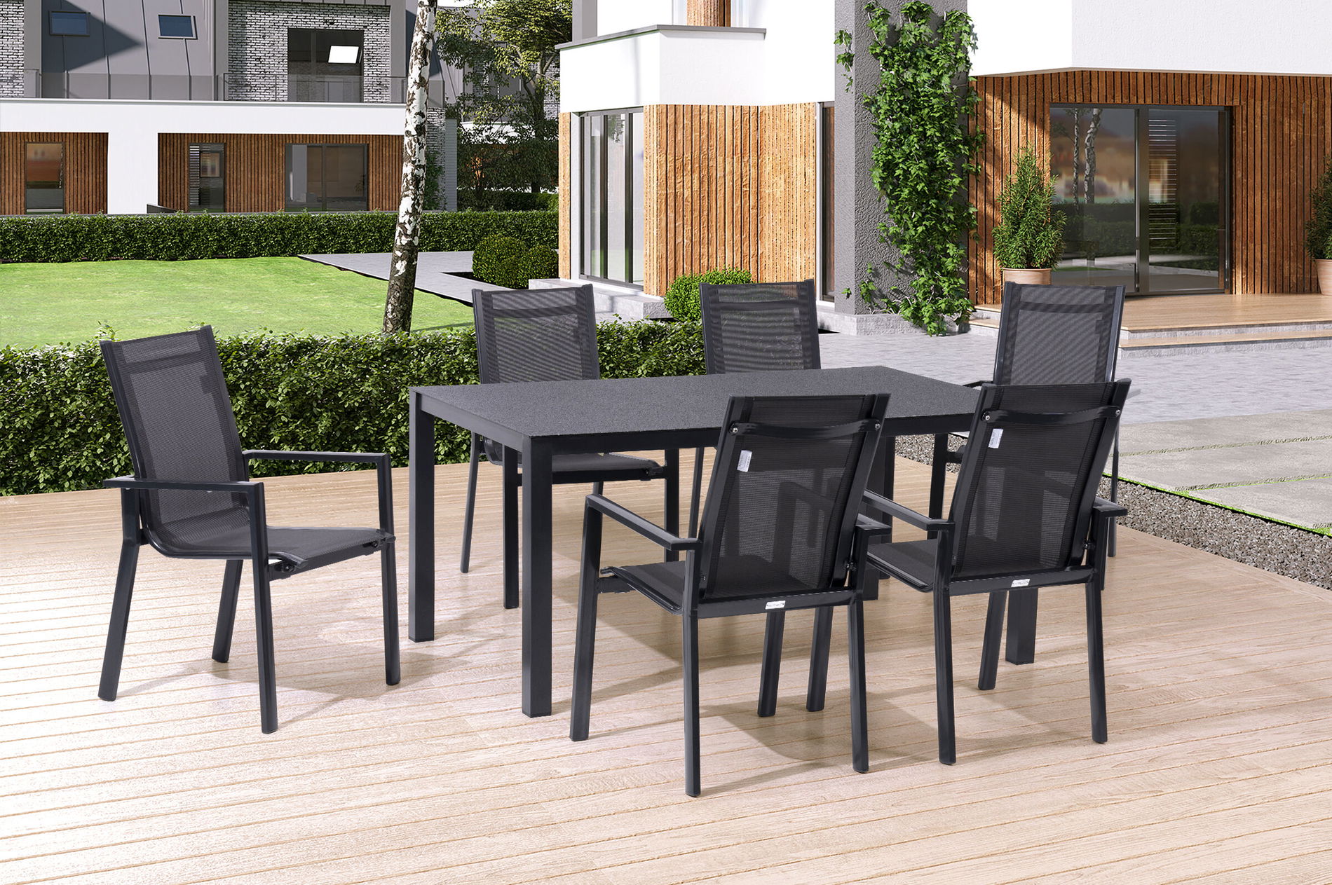 OUTFLEXX Garten-Essgruppe, anthrazit, Alu/Spraystone/Textilen, 160x95 cm, 6 Stapelsessel 28178__1