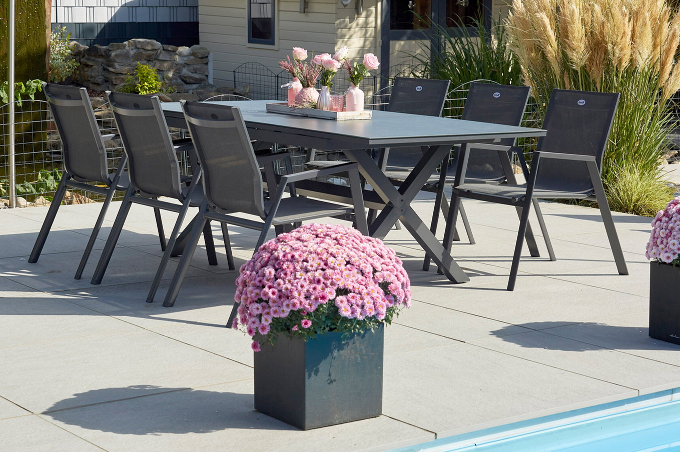 HARTMAN Xanadu / Aruba Garten-Essgruppe, xerix, Alu/Textilene/Glaskeramik, 6 Stapelsessel, 160/220x100cm 23278__1