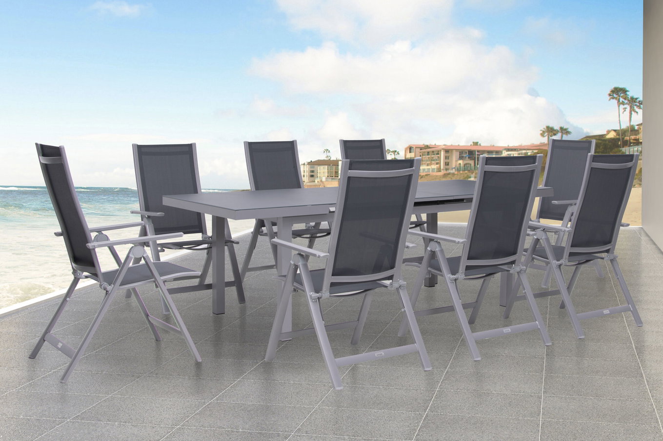 OUTFLEXX Premium Garten-Essgruppe, silber/grau, Alu/Textilene, Ausziehtisch 180/240 x 100 cm, 8 Klappstühle 21432__1