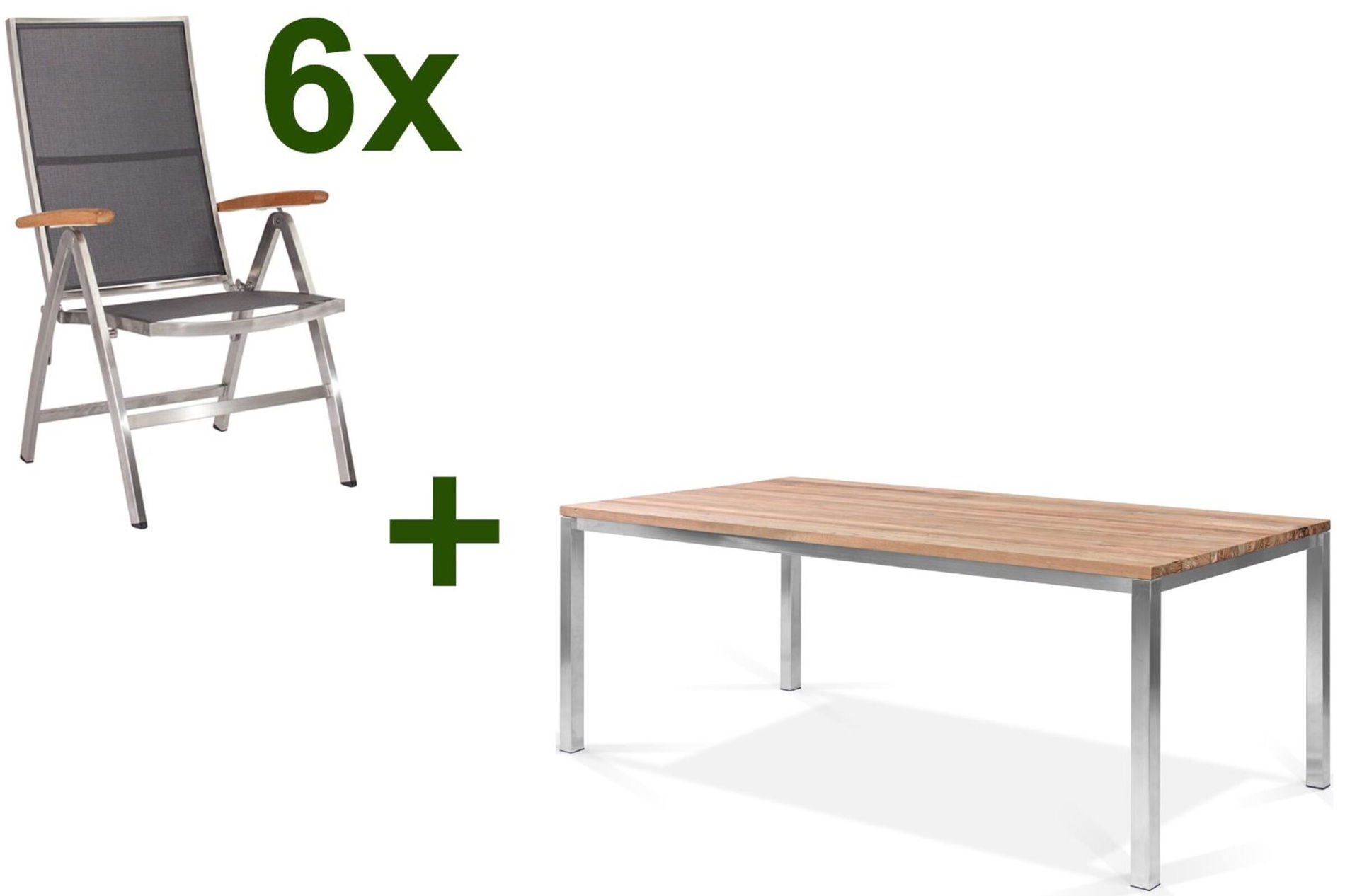 STERN Cardiff Garten-Essgruppe, silber/silbergrau, Edelstahl/Teak, Tisch 200 x 100 cm, 6 Klappstühle 19775__1