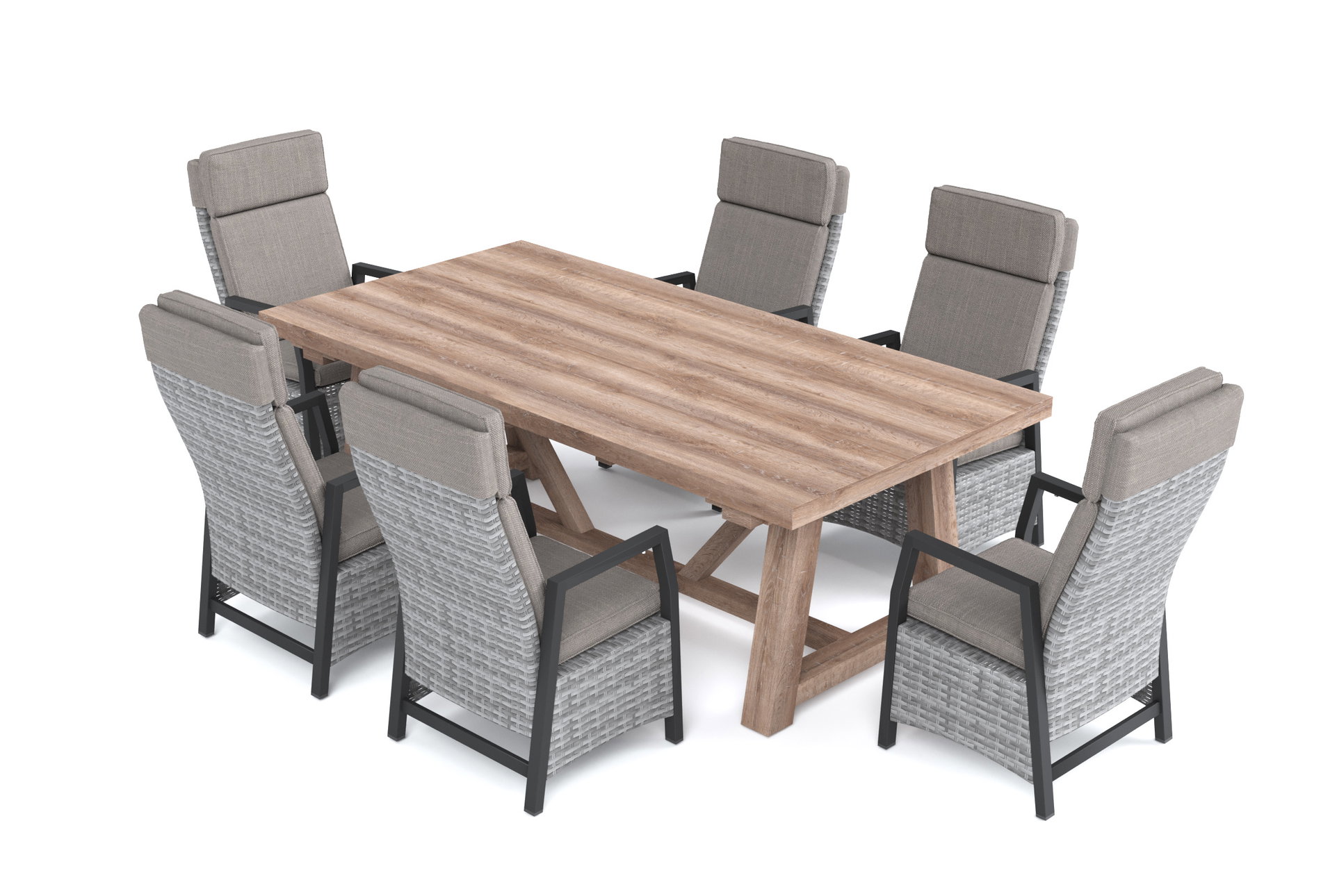 OUTFLEXX Nova Garten-Essgruppe mit 6 Sesseln, anthrazit/grau/natur, Alu/Polyrattan/Teakholz, 220 x 110 cm Tisch, verstellbare Rückenlehne