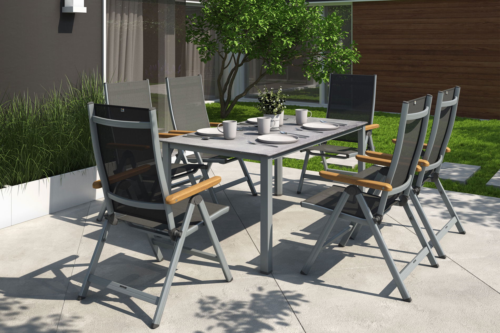 KETTLER Granada Garten-Essgruppe, silber/anthrazit, Alu, Tisch 160x90, 6 Klappstühle 31403__1