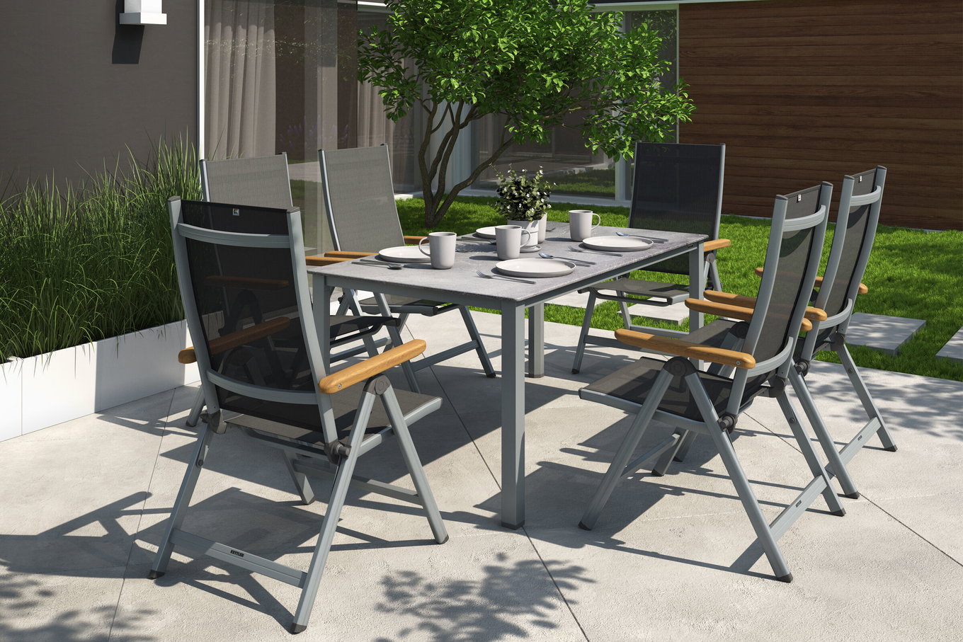 KETTLER Granada Garten-Essgruppe, silber/anthrazit, Alu, Tisch 160x90, 6 Klappstühle 31403__1