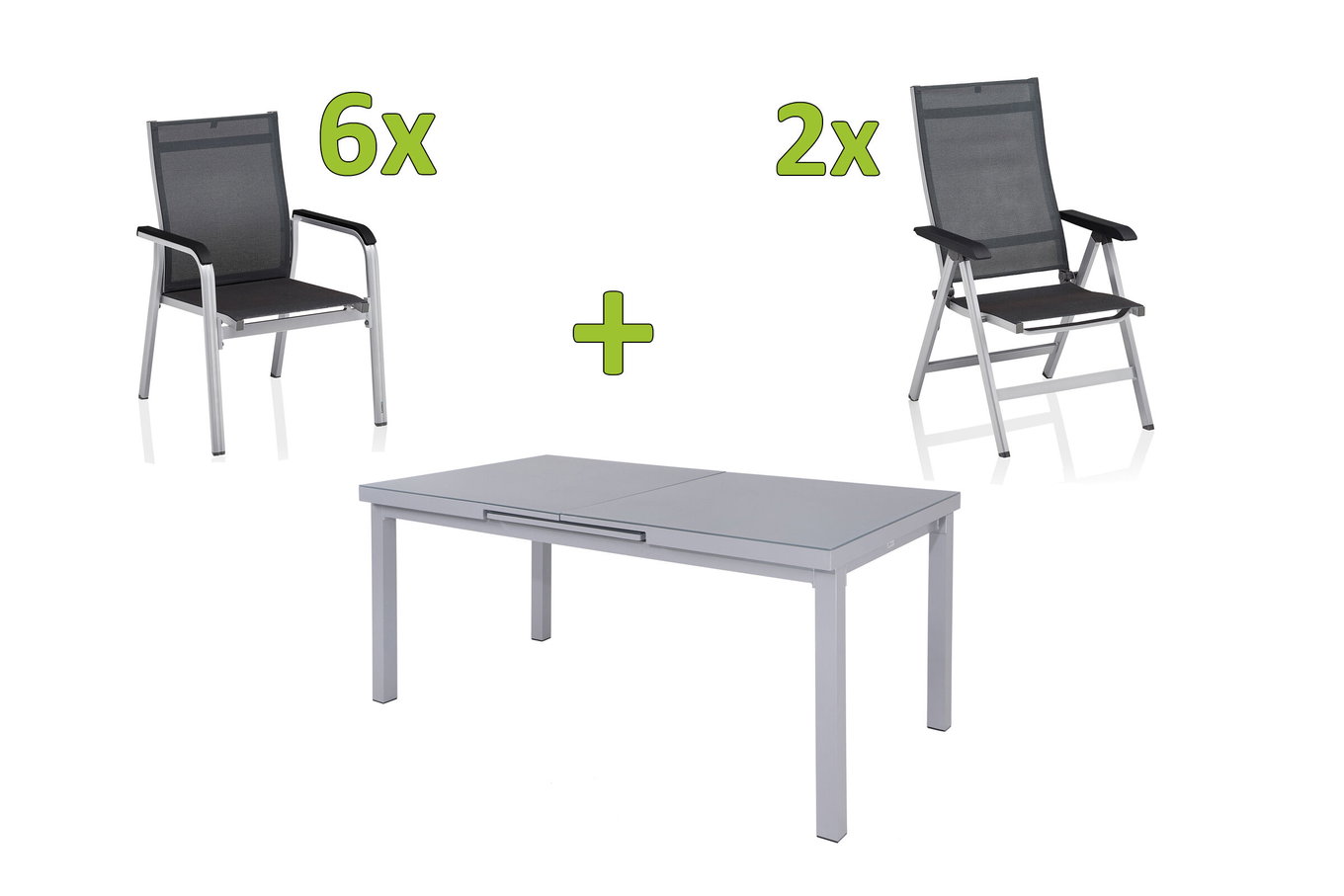 KETTLER BasicPlus Premium Garten-Essgruppe, silber, Alu/Textilene, Tisch 180/240 cm, 6 Stapel-, 2 Klappstühle 31517__1