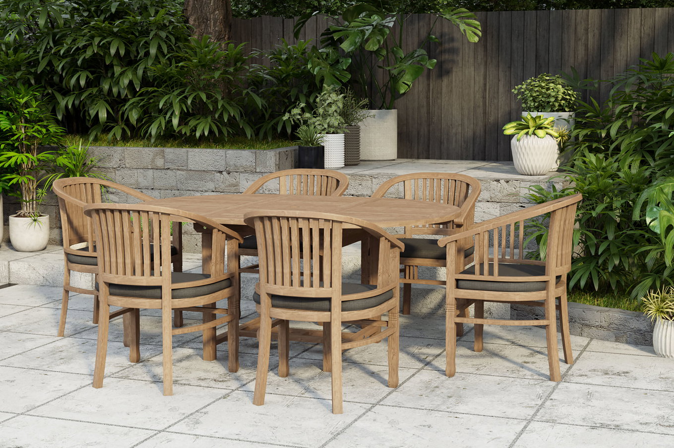 OUTFLEXX Dallas/Batavia Garten-Essgruppe, natur, Teak, 120/170x120 cm, 6x Armlehnensessel, inkl. Auflage 24351__1