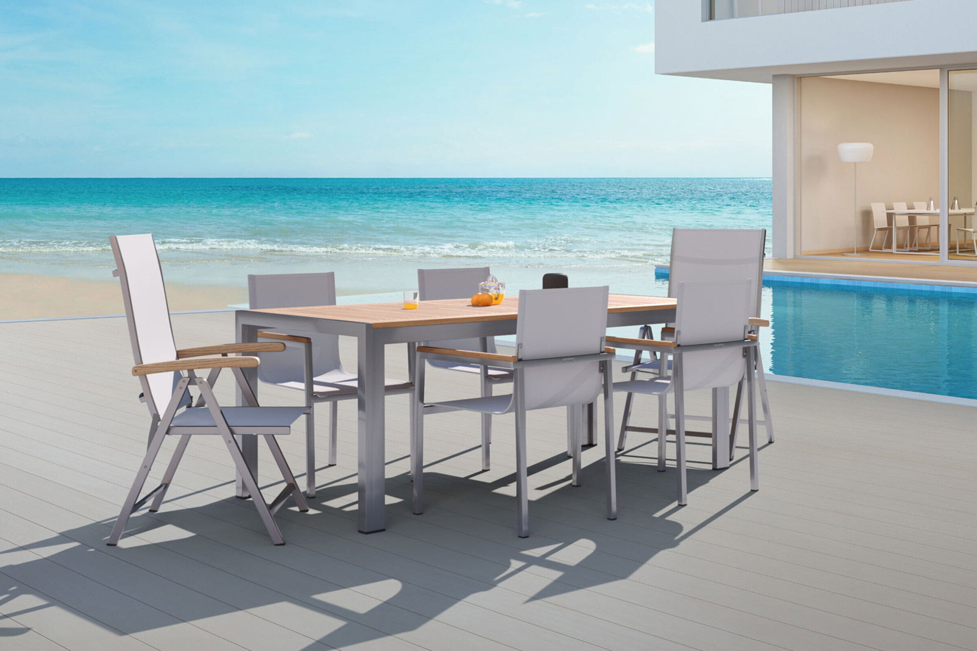 OUTFLEXX Garten-Essgruppe, taupe, Edelstahl/Teak, Tisch 200 x 90 cm, 4 Stapelstühle, 2 Klappstühle 14217__1