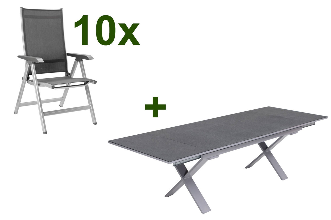 KETTLER BasicPlus Garten-Essgruppe, silber / anthrazit, Alu / Spraystone / Textil, Tisch 180/280x100cm, 10 Klappstühle 23009__1