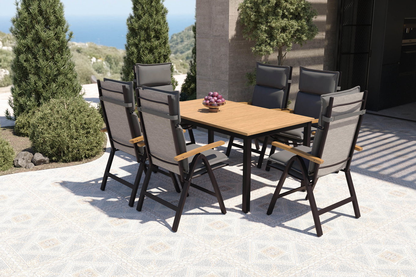 Villana Lagos Garten-Essgruppe, 6 Personen inkl. Sitzkissen, ausziehbarer Tisch 150–200 cm, Aluminium/Eukalyptusholz FSC®-zertifiziert 80726__1