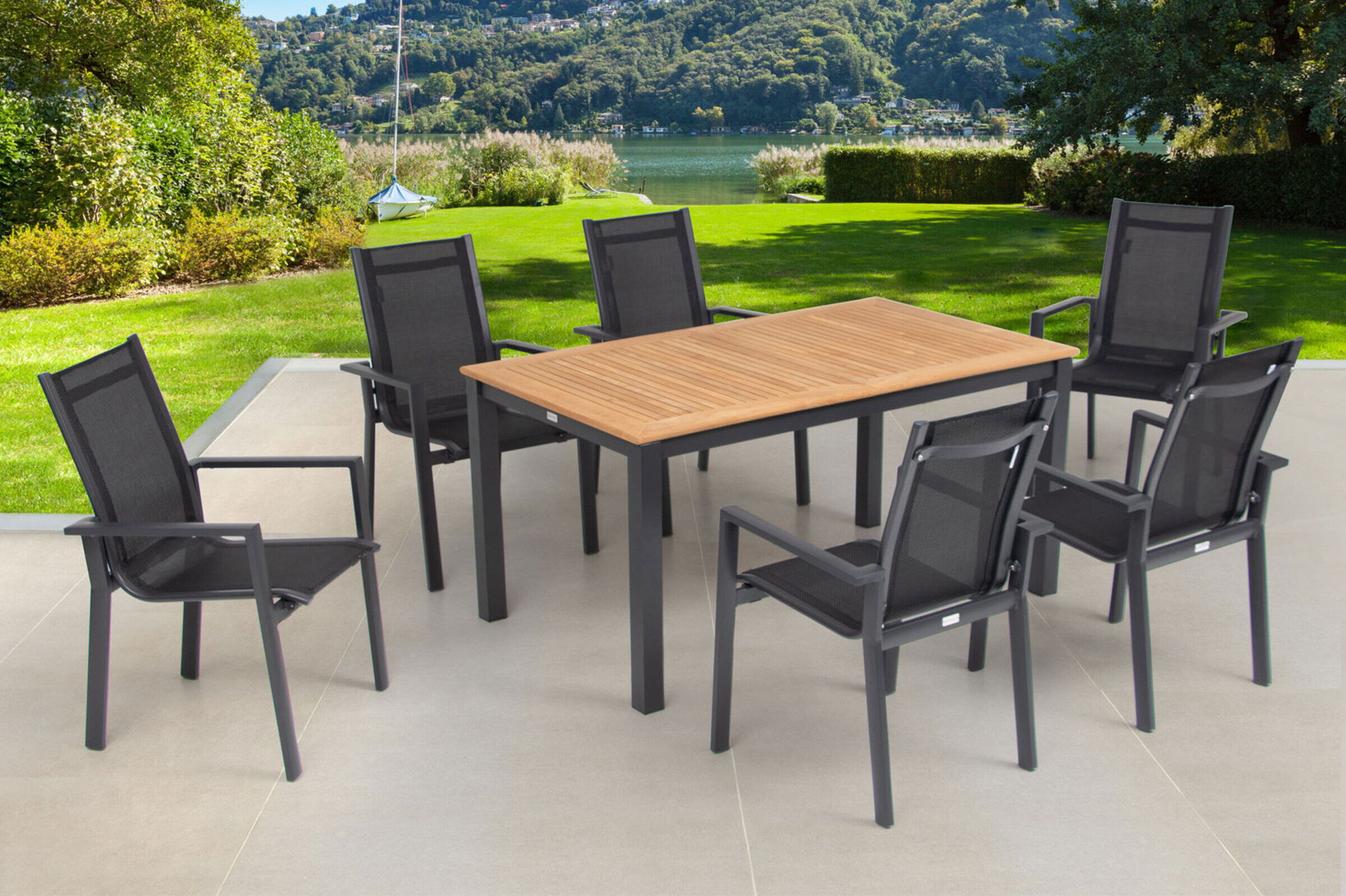 OUTFLEXX Garten-Essgruppe, OUTFLEXX® anthrazit matt, Alu / Teak / Textil, Ausziehtisch 150/210x90cm, 6 Stapelsessel 22178__1