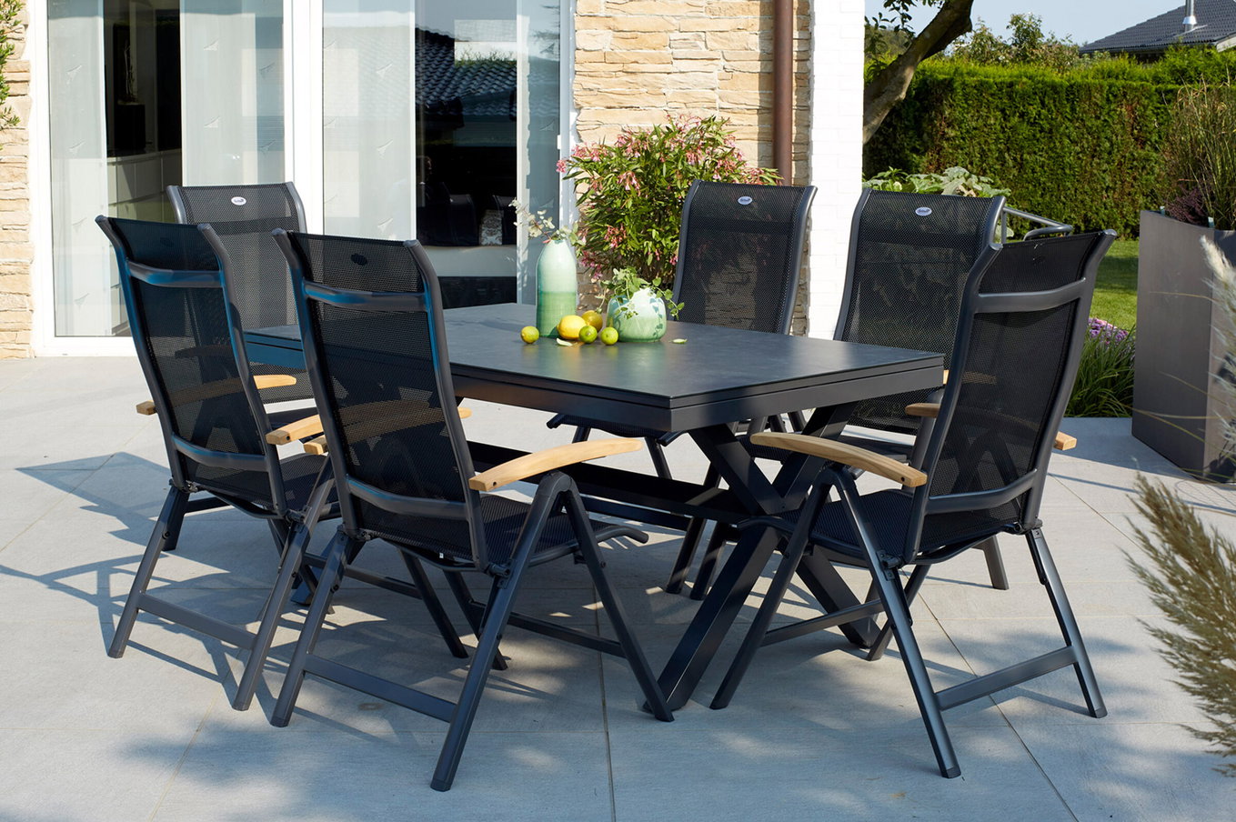 HARTMAN Xanadu / Alice Garten-Essgruppe, xerix/natur, Alu/Teak/Glaskeramik, 4x4 Textilen, 6 Klappstühle, 160/220x100cm, Teak Armlehnen 23245__1