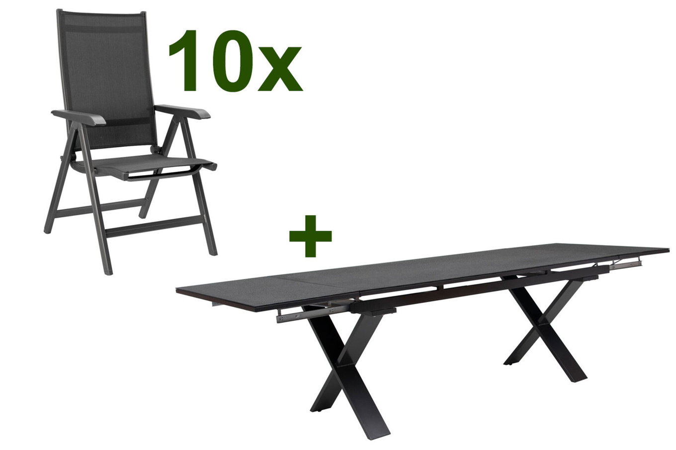 KETTLER BasicPlus Garten-Essgruppe, anthrazit, Alu / Spraystone / Textil, Tisch 180/280x100cm, 10 Klappstühle 23075__1