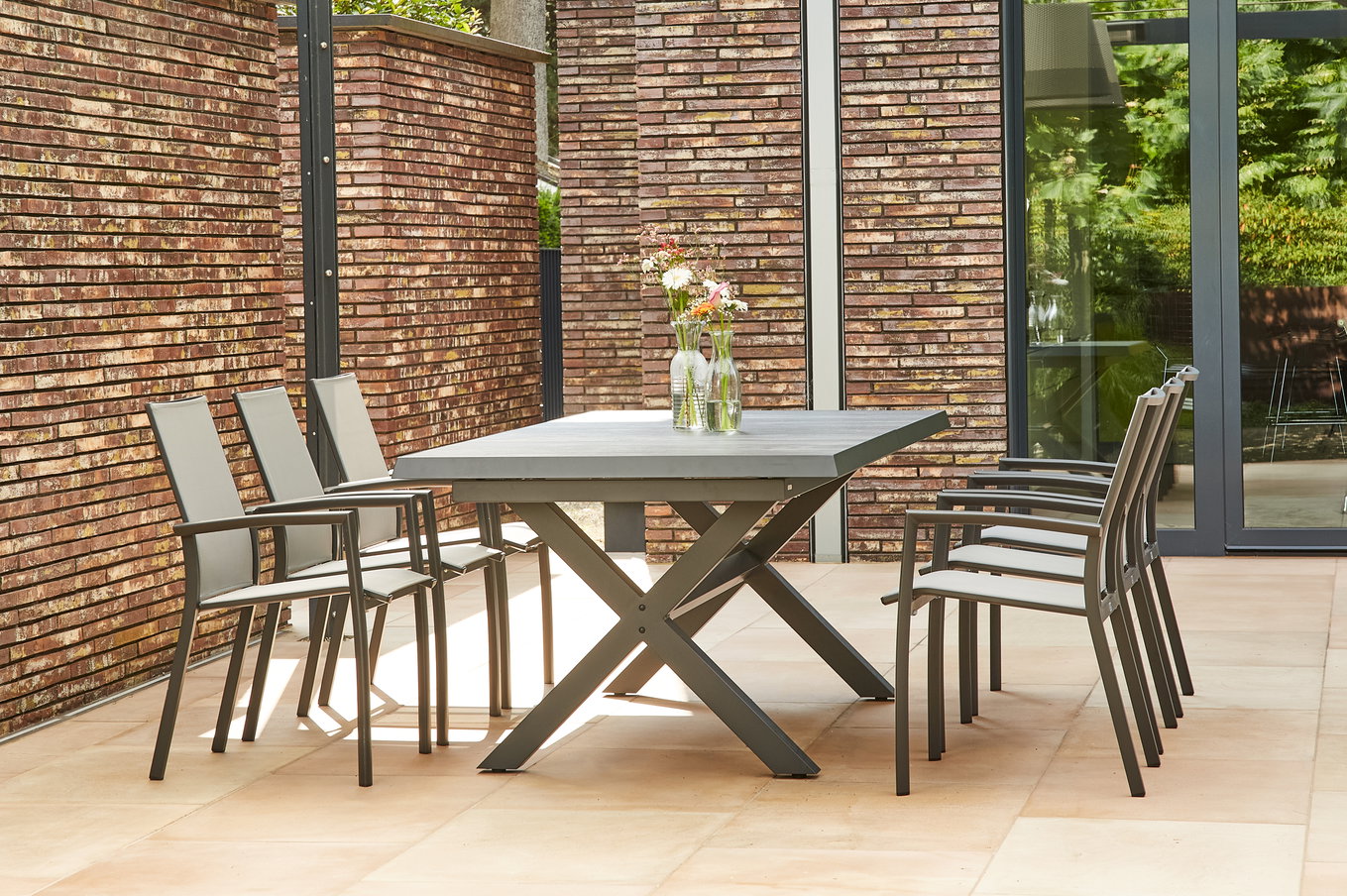 SIENA GARDEN Messina/Velia Garten-Essgruppe, anthrazit/grau, Alu/Ranotex®-Gewebe/Keramik, 200-260 x 100 cm, inkl. 6 Diningsessel 23809__1