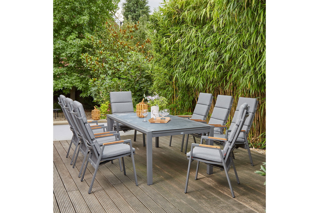 SIENA GARDEN Savona/Kingston Garten-Essgruppe, matt graphit/grau/slate look, Alu/Teak/Keramik/Texfabric, Tisch 220/340x108 cm, 8 Stapelsessel 22048__1