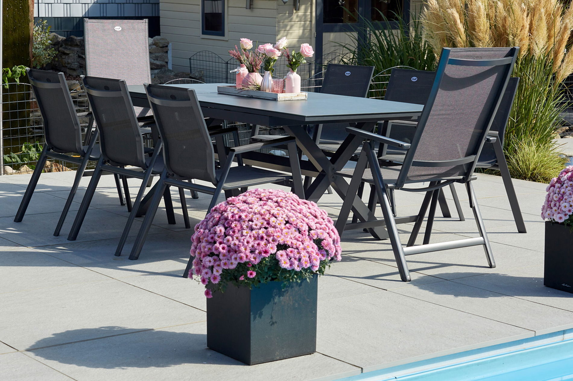 HARTMAN Xanadu / Aruba Garten-Essgruppe, xerix, Alu/Textilene/Glaskeramik, 6 Stapelsessel, 2 Klappstühle, 160/220x100cm 23281__1