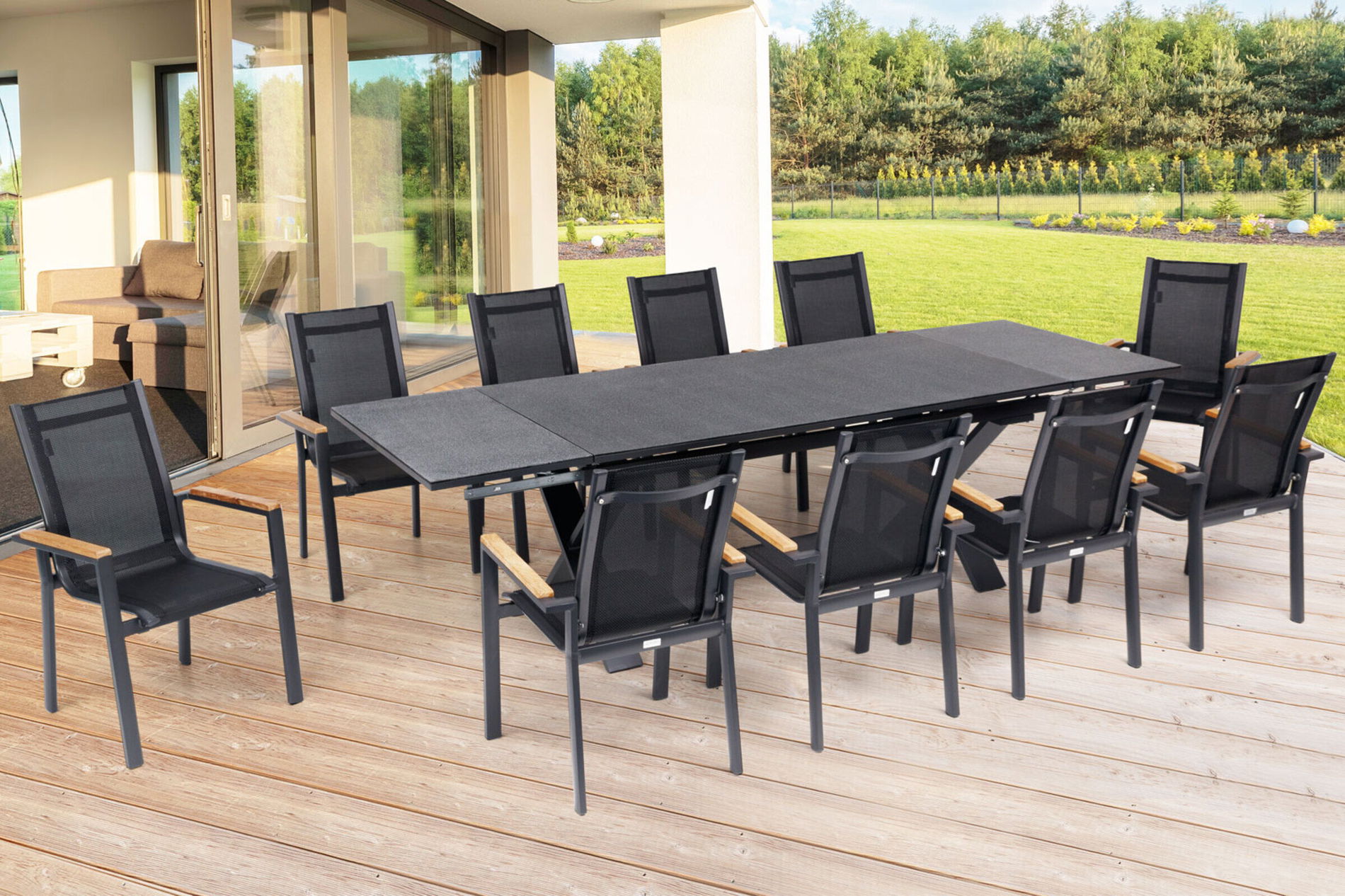 OUTFLEXX Garten-Essgruppe, OUTFLEXX® anthrazit matt, Alu / Spraystone / Teak, Tisch 180/280x100cm, 10 Stapelsessel 22129__1