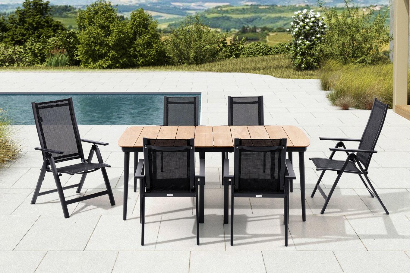OUTFLEXX Garten-Essgruppe, anthrazit matt, Alu/Teak/Textil, 185 x 100 cm, 4 Stapelsessel, 2 Klappstühle 28211__1