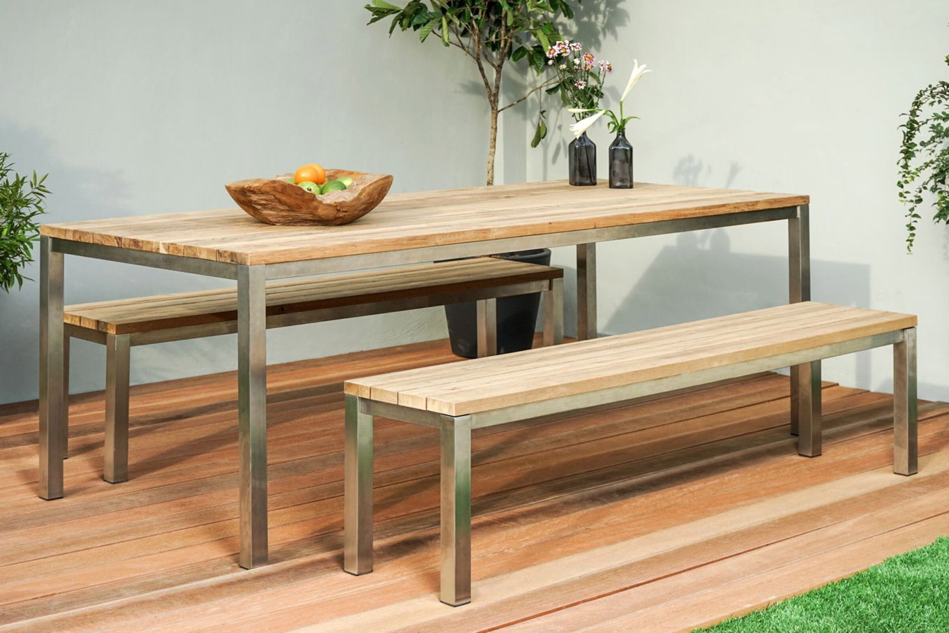 OUTFLEXX Garten-Essgruppe, Edelstahl/recyceltes Teak, Tisch 180x90 cm, 2 Bänke, FSC®-zertifiziertes Produkt 19362__1