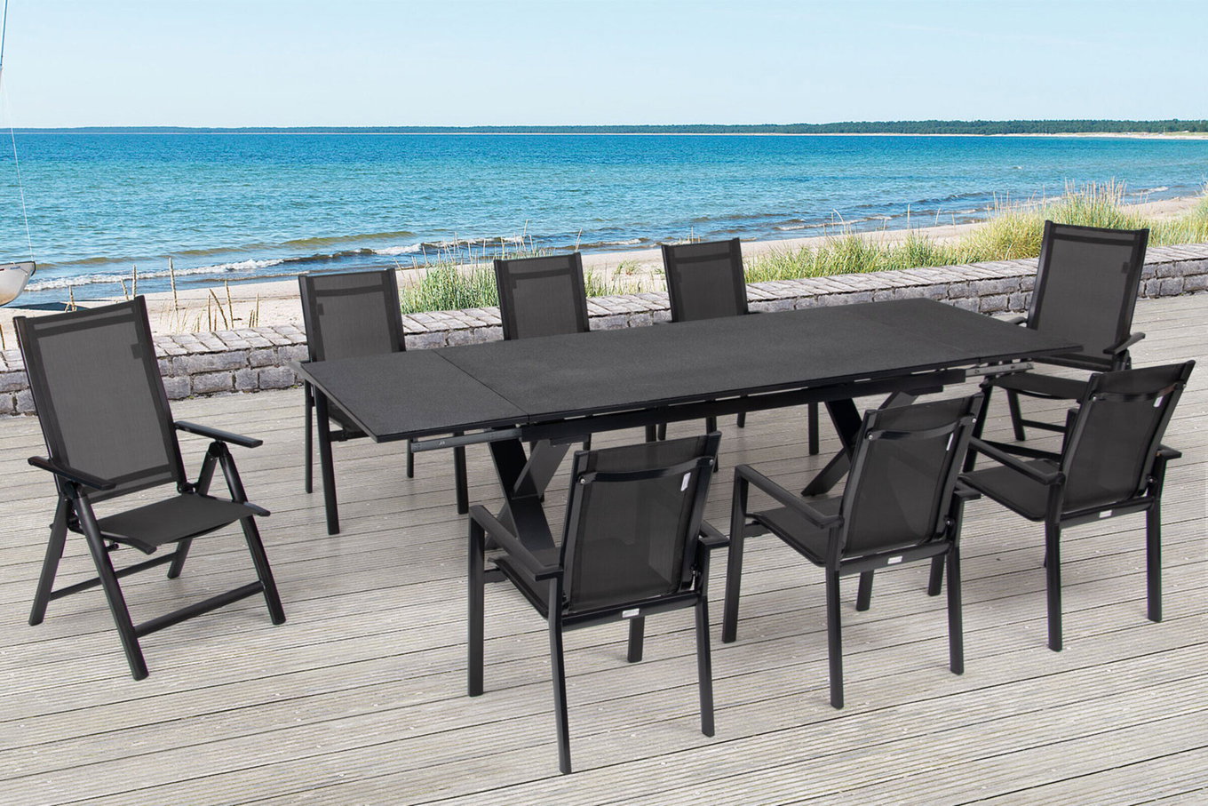 OUTFLEXX Garten-Essgruppe, anthrazit, Alu / Keramik / Textil, 180/280x100cm, 2 Klappstühle, 6 Stapelsessel 22236__1