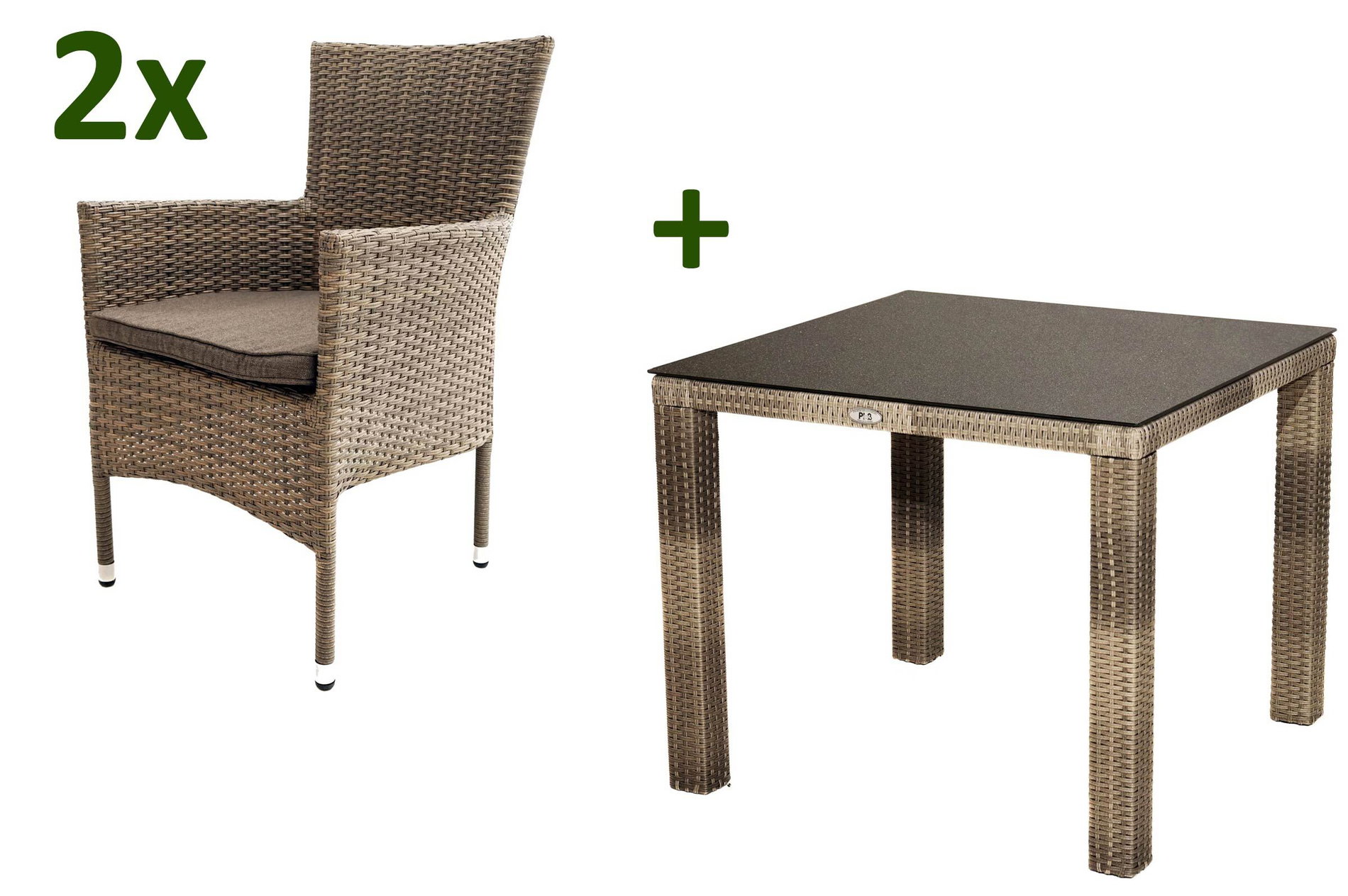 Ploß Rabida Balkon-Set, champagner-meliert, Polyrattan, Tisch 90x90 cm, 2 Stapelsessel, Glasplatte in Steinoptik Ploß Rabida Balkon-Set, champagner-meliert, Polyrattan, Tisch 90x90 cm, 2 Stapelsessel, Glasplatte in Steinoptik