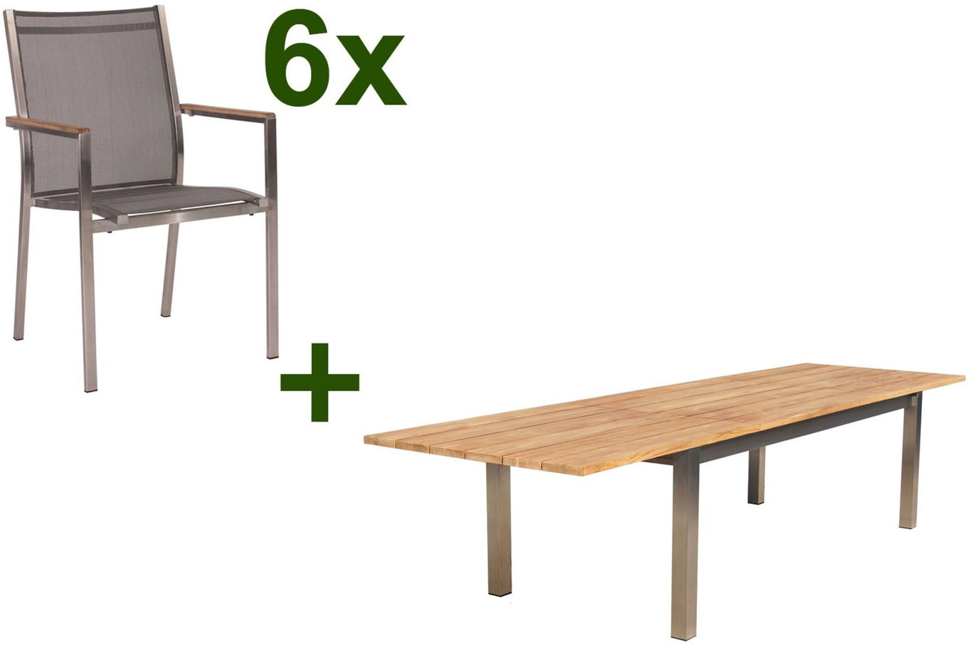 STERN Cardiff Garten-Essgruppe, silber/silbergrau, Edelstahl/Teak, Tisch 220/340 x 100 cm, 6 Stapelsessel, FSC®-zertifiziertes Produkt 19744__1