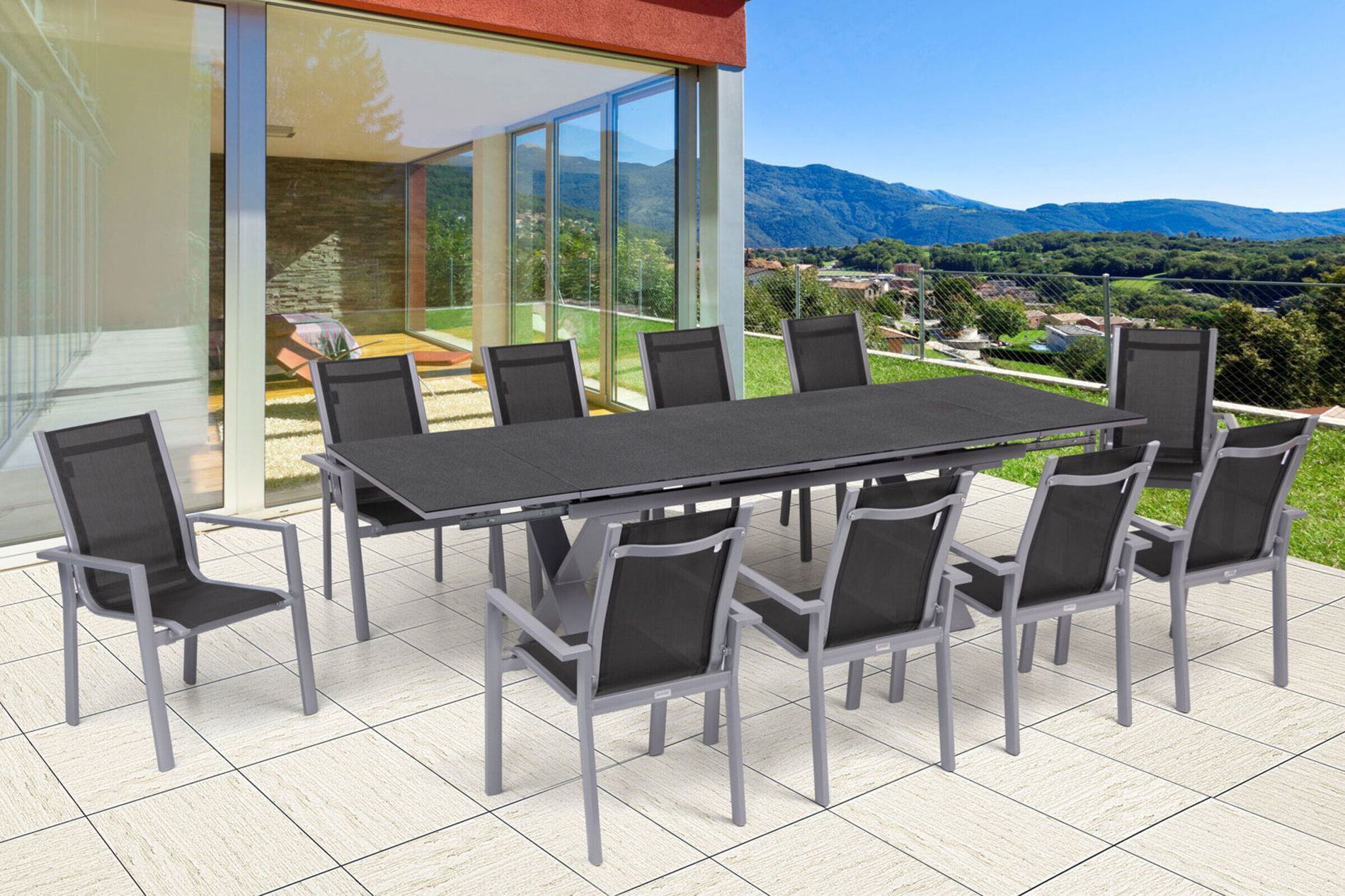 OUTFLEXX Garten-Essgruppe, silber, Alu / Keramik / Textil, Tisch 180/280x100cm, 10 Stapelsessel 22216__1