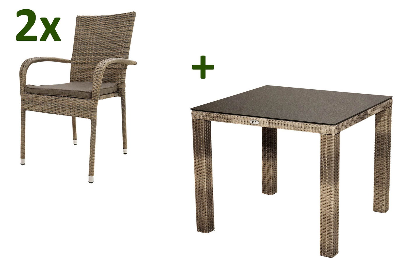OUTFLEXX Rabida Balkon-Set, champagner-meliert, Polyrattan, Tisch 90x90 cm, 2 Stapelstühle, Glasplatte in Steinoptik 21066__1