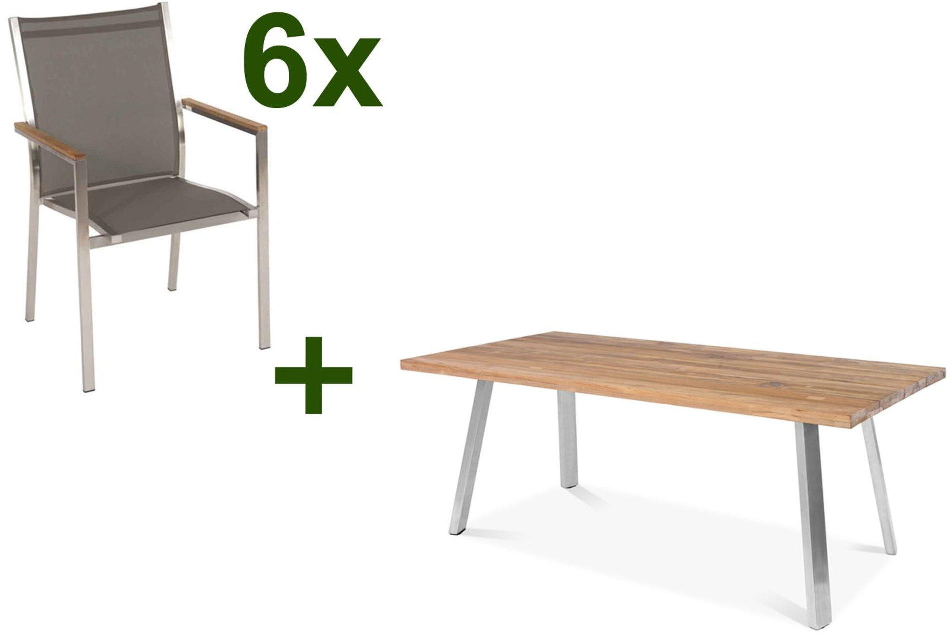 STERN Cardiff Garten-Essgruppe, silber/taupe, Edelstahl/recyceltes Teak, Tisch A-Gestell 200 x 100 cm, 6 Stapelsessel, FSC®-zertifiziertes Produkt 19711__1