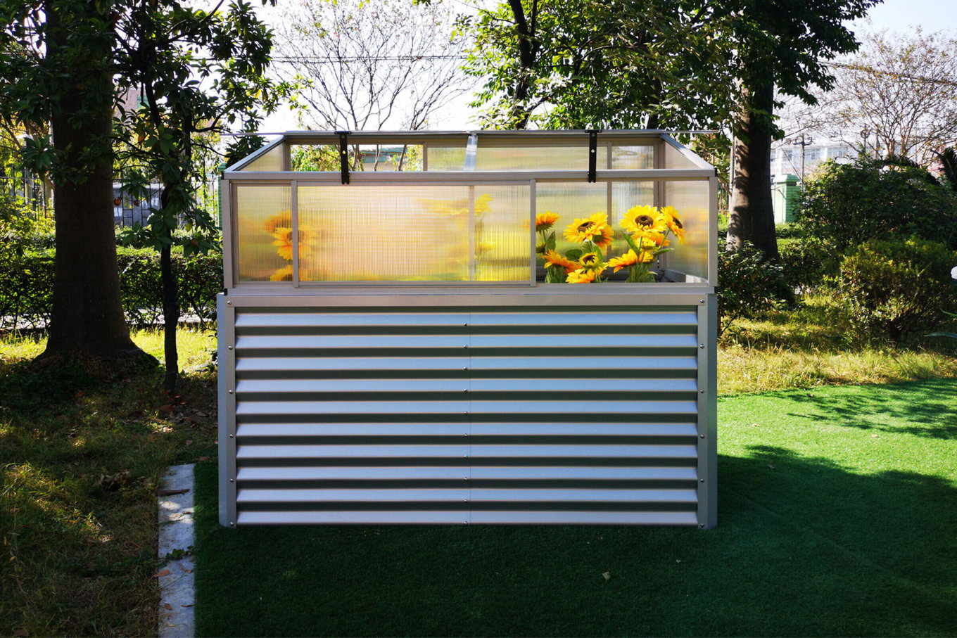 OUTFLEXX Set Hochbeet und Aufsatz (mit Schiebetüren), silber, Aluminium-Zink-Stahl/Alu/Polycarbonat, 180 cm, pulverbeschichtet 20090__1