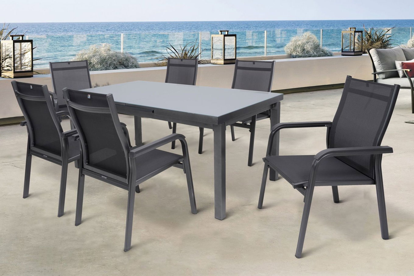 KETTLER BasicPlus Garten-Essgruppe, anthrazit, Alu/Textilene, Tisch 180/240x100cm, 6 Stapelsessel 19315__1