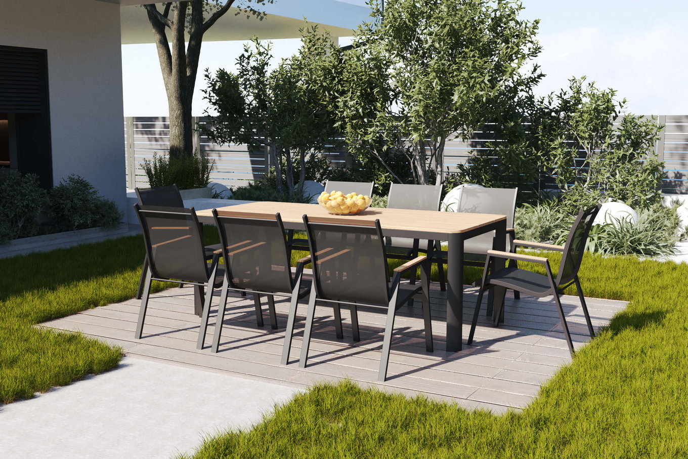 OUTFLEXX Tallinn Garten-Essgruppe, 8 Personen, Tisch 200x90 cm, Alu/Holzimitat, anthrazit/natur 20398__1