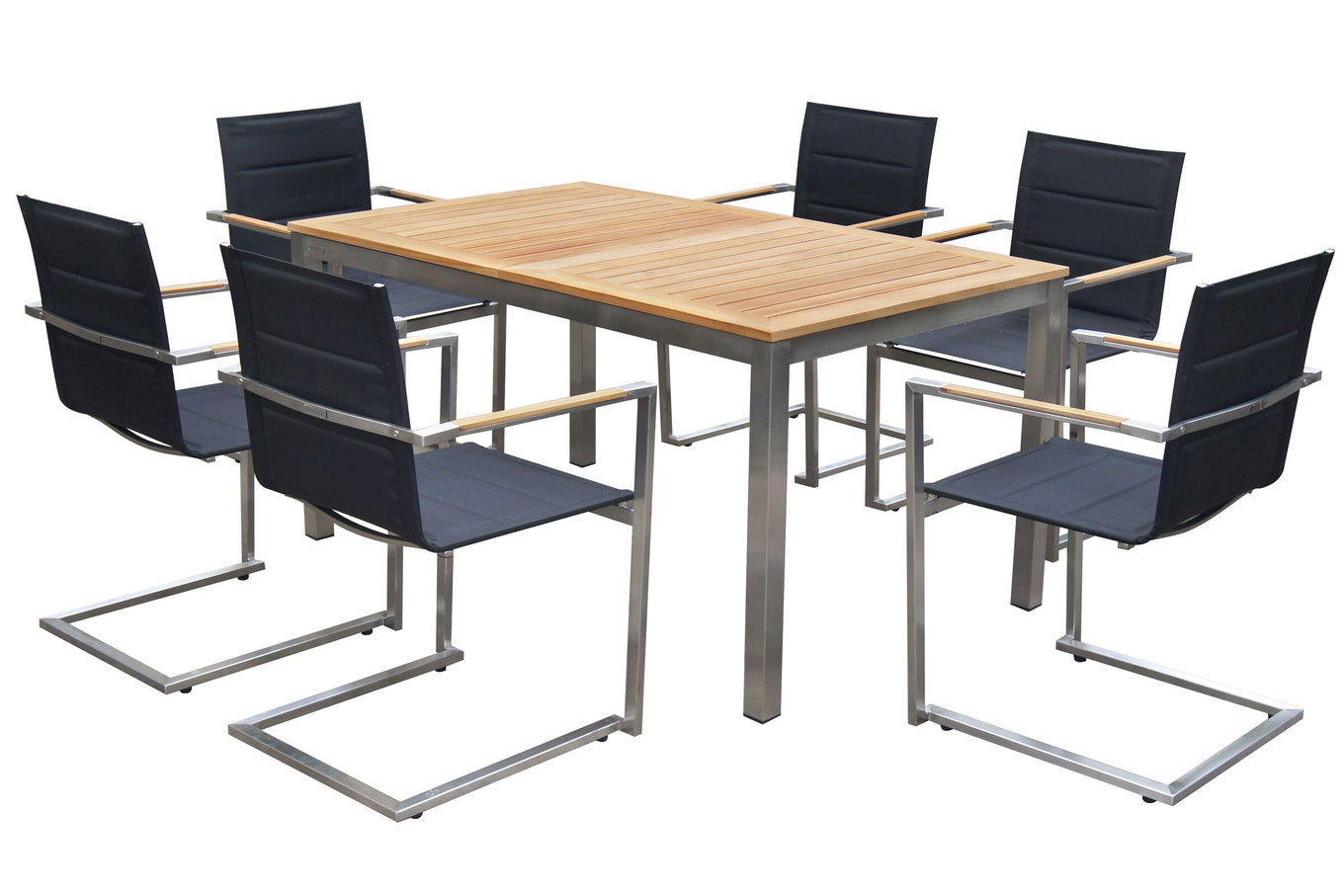 OUTFLEXX Garten-Essgruppe, schwarz, Edelstahl/Teak, Tisch 180/240 x 100 cm, 6 Stapelstühle gepolstert, FSC®-zertifiziertes Produkt 14137__1