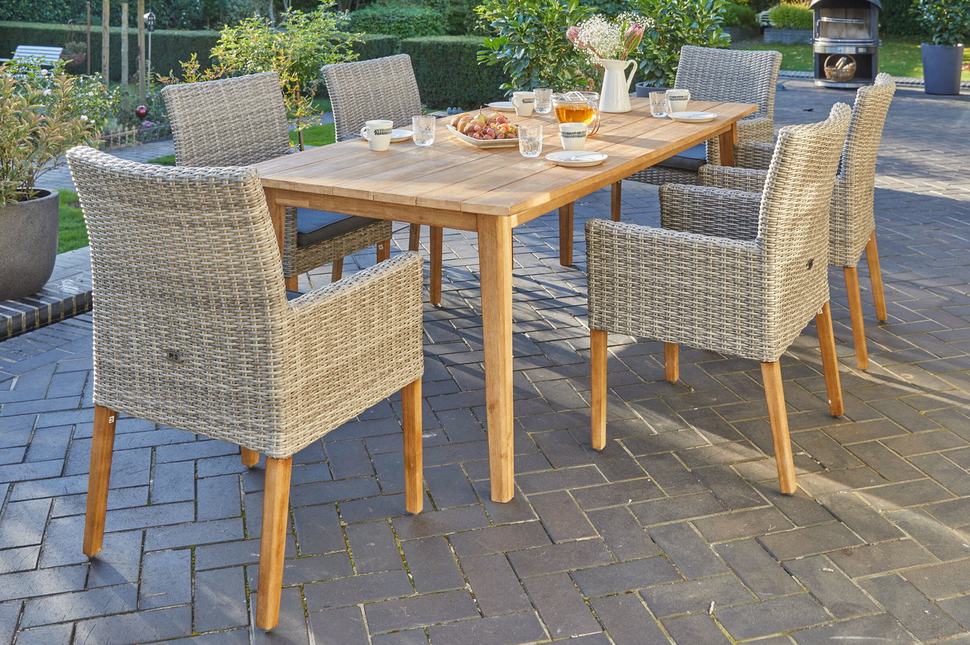 OUTFLEXX Borneo/Kota Garten-Essgruppe, natur/grau-meliert, Akazie/Alu/Polyrattan, 220x100 cm, 6 Landhaussessel, Akazie, FSC®-zertifiziertes Produkt 28609__1