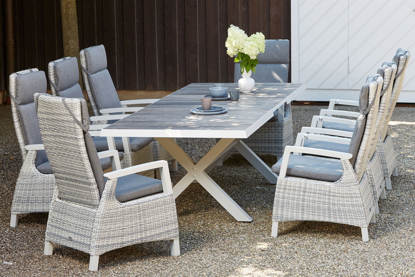 SIENA GARDEN Corido/Sincro Garten-Essgruppe, ice grey/weiß grau, Alu/Gardino®-Geflecht/Keramik, Ausziehtisch 200/260x100 cm, 8 Dining Move Sessel 22090__1