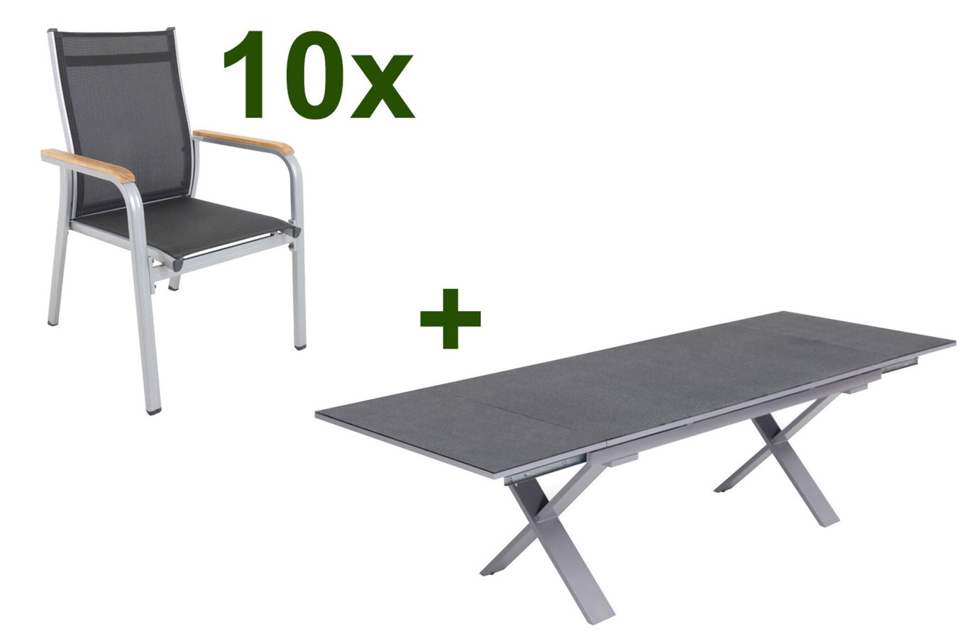 KETTLER Granada Garten-Essgruppe, silber / anthrazit, Alu / Spraystone / Teak, Tisch 180/280x100cm, 10 Stapelsessel 23021__1