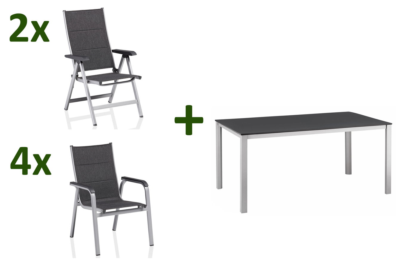 KETTLER KETTALUX-PLUS/Basic Plus Padded Sitzgruppe, silber/anthrazit/grau, Alu/Textilene, Tisch 160x95 cm, 2 Klappstühle, 4 Stapelsessel 22957__1