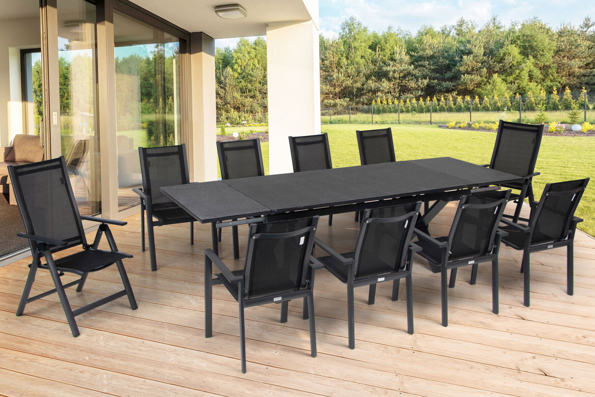 OUTFLEXX Garten-Essgruppe, OUTFLEXX® anthrazit matt, Alu / Spraystone / Textil, Tisch 180/280 x 100 cm, 8 Stapelsessel, 2 Klappstühle 22142__1