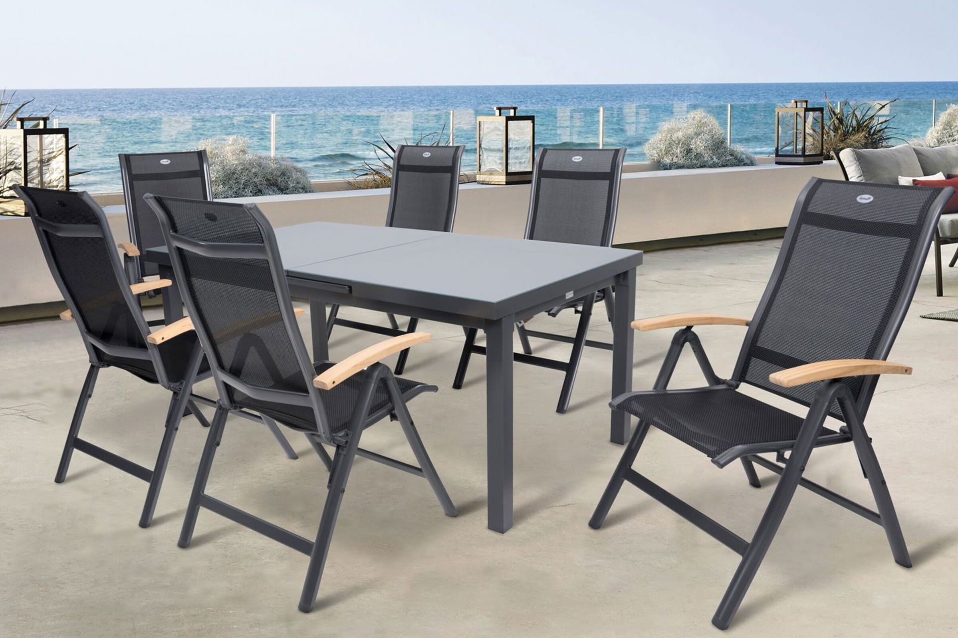 HARTMAN Alice Garten-Essgruppe, xerix, Alu/4x4 Textilen, Tisch 180/240x100cm, 6 Klappstühle 19325__1