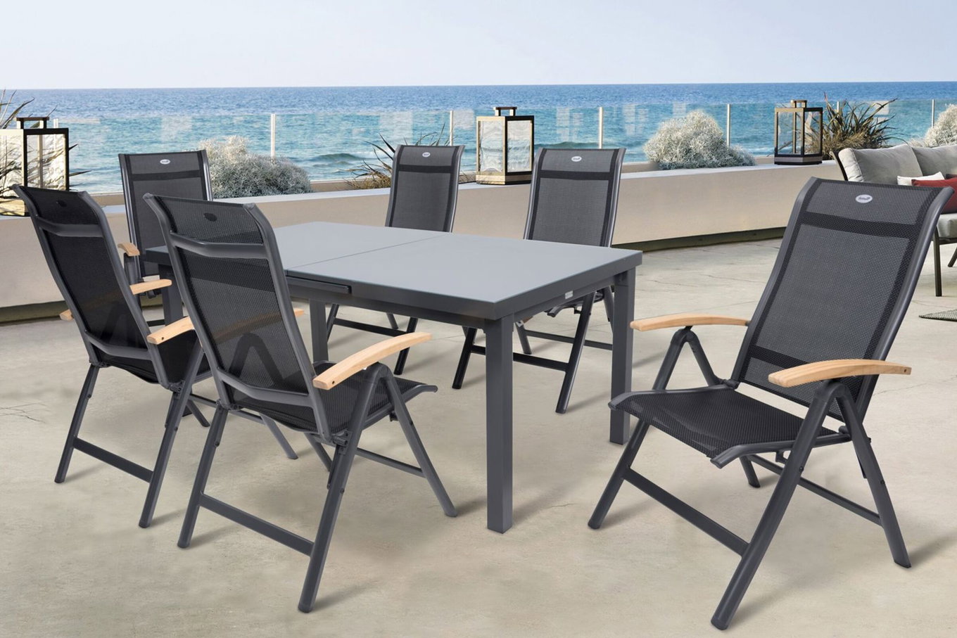 HARTMAN Alice Garten-Essgruppe, xerix, Alu/4x4 Textilen, Tisch 180/240x100cm, 6 Klappstühle 19325__1