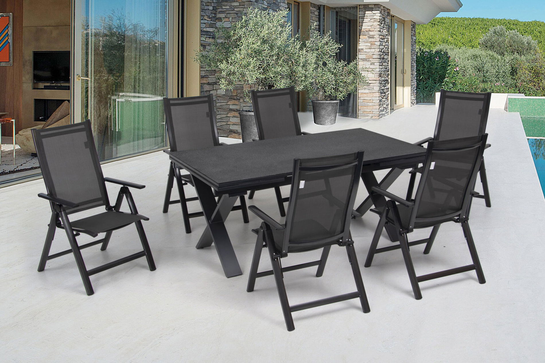 OUTFLEXX Garten-Essgruppe, anthrazit, Alu / Keramik / Textil, 180/280x100cm, 6 Klappstühle 22229__1