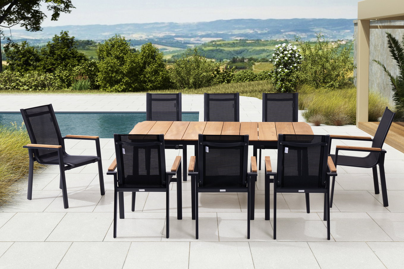 OUTFLEXX Garten-Essgruppe, anthrazit matt, Alu/Teak/Textil, 184x100 cm, 8 Sessel, Teak Armlehnen 28204__1
