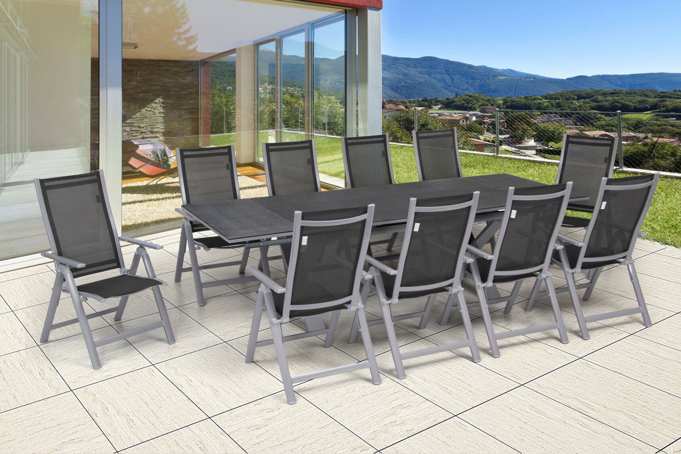 OUTFLEXX Garten-Essgruppe, silber, Alu / Spraystone / Textil, Tisch 180/280x100cm, 10 Klappstühle 22213__1