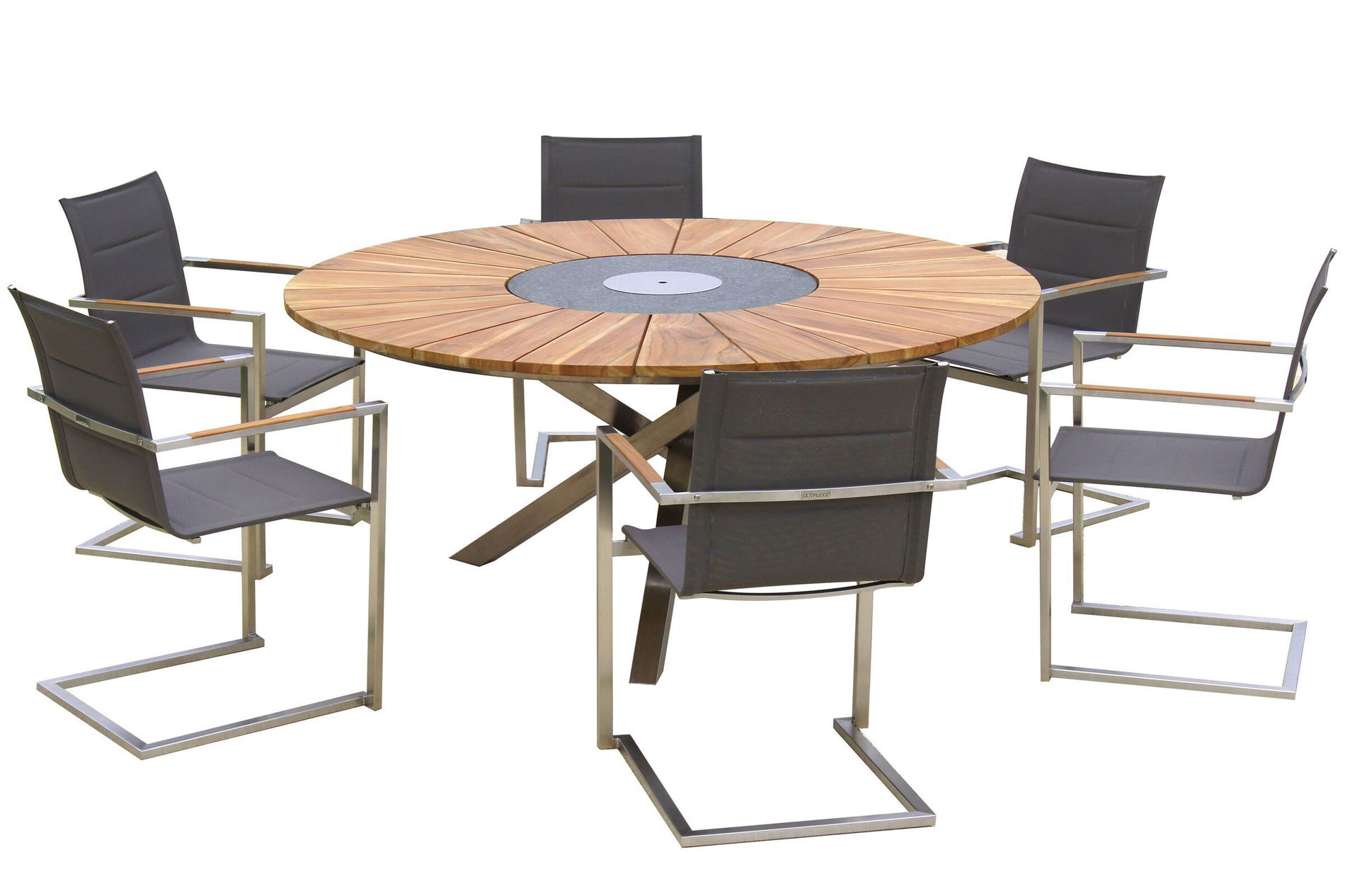 OUTFLEXX Garten-Essgruppe, taupe, Edelstahl/Teak, Ø 170 cm, 6 Freischwinger, inkl. drehbarer Granitplatte + Eiskühler, FSC®-zertifiziertes Produkt 16572__1