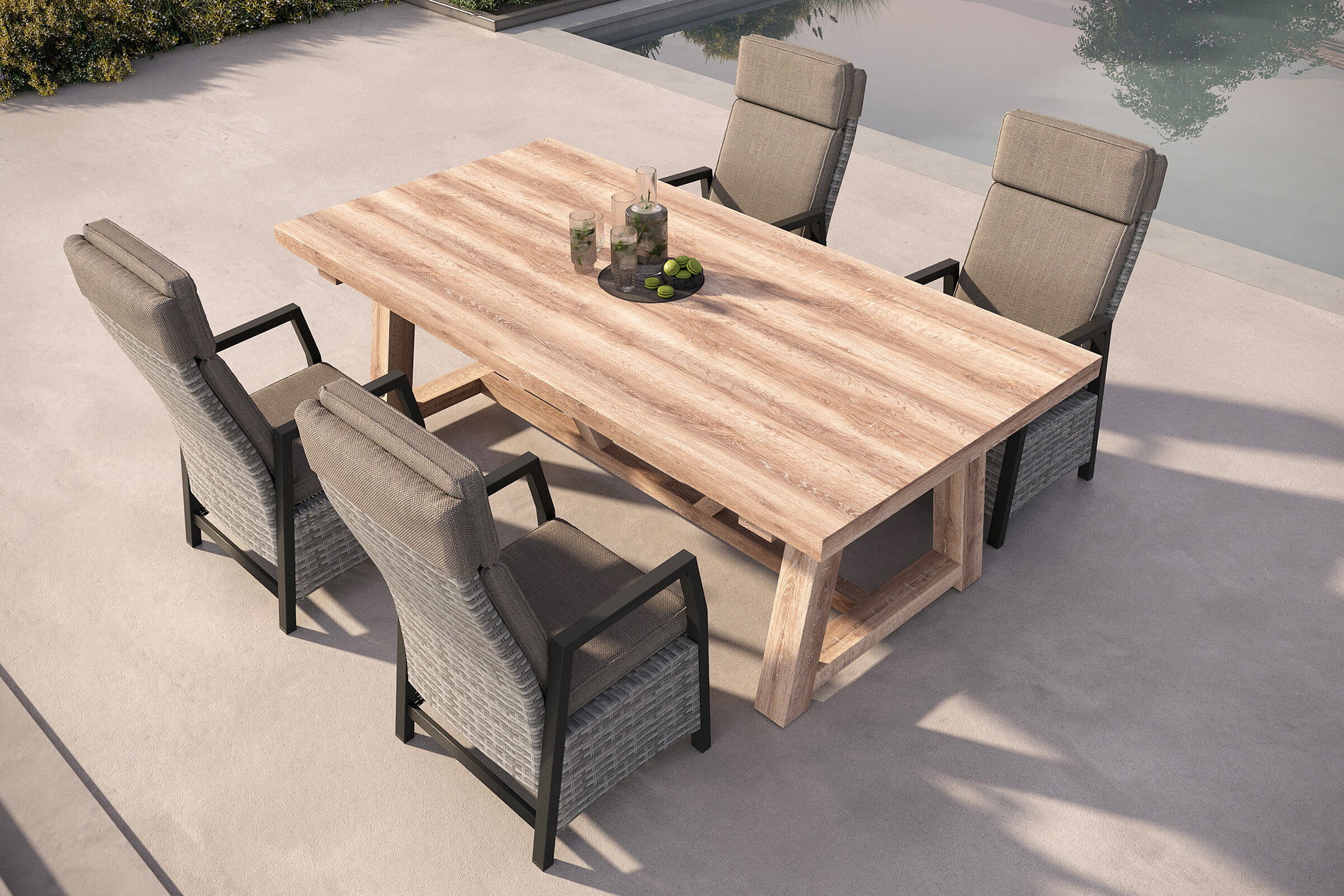 OUTFLEXX Nova Garten-Essgruppe mit 4 Sesseln, anthrazit/grau/natur, Alu/Polyrattan/Teakholz, 220 x 110 cm, verstellbare Rückenlehne