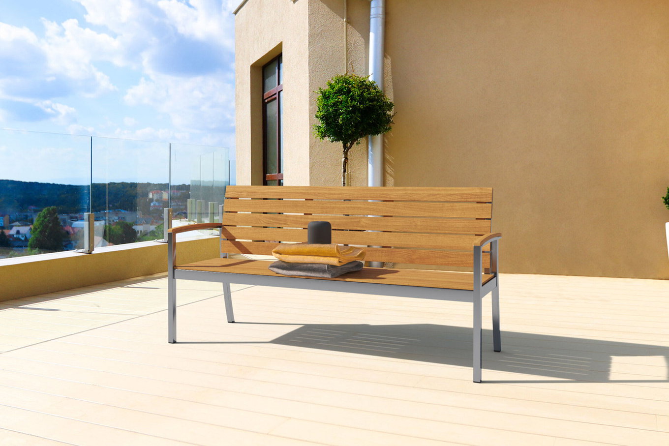 OUTFLEXX Gartenbank, Teakholz/Edelstahl, 3-Sitzer, 160x55x80cm, FSC®-zertifiziertes Produkt 13536__1