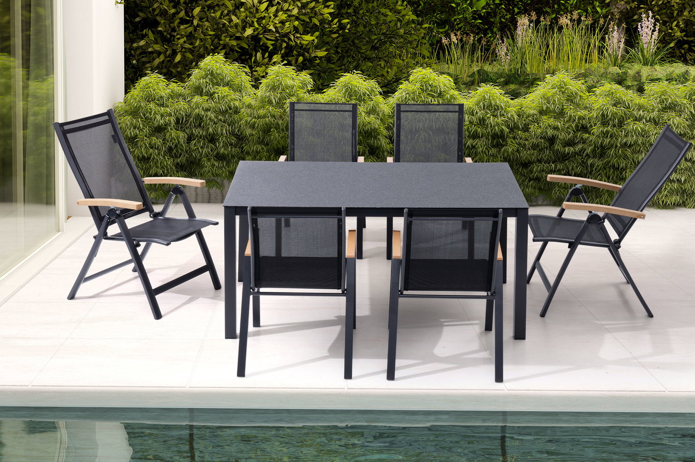 OUTFLEXX Garten-Essgruppe, anthrazit matt/grau/schwarz, Alu/Spraystone/Textilen, 160 x 95 cm, 4 Stapelstühle, 2 Klappstühle 28194__1