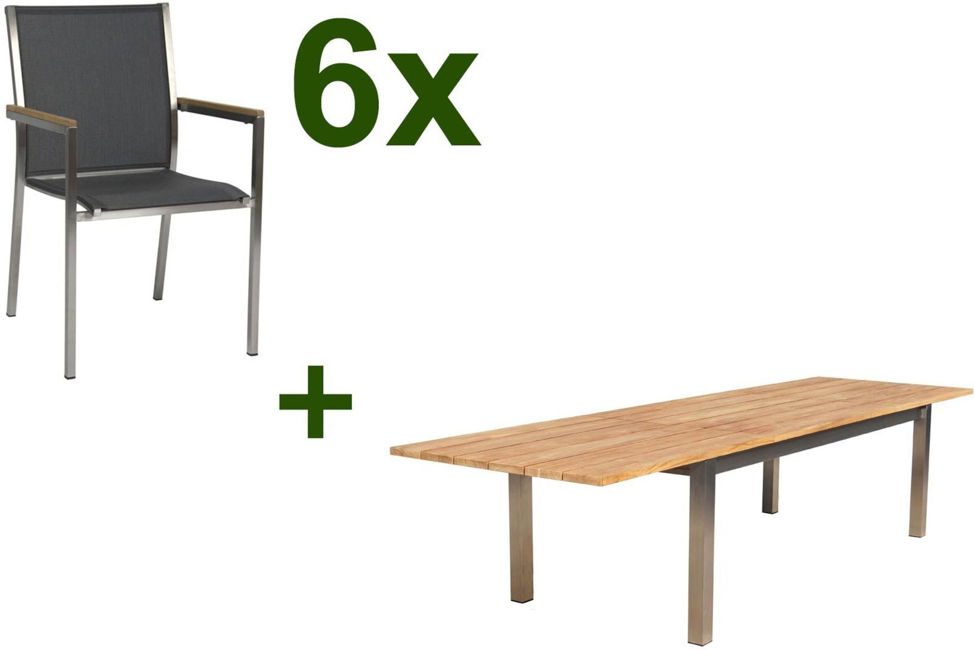 STERN Polaris Garten-Essgruppe, silbergrau, Edelstahl/Teak, Tisch 220/340 x 100 cm, 6 Stapelsessel, FSC®-zertifiziertes Produkt 18083__1