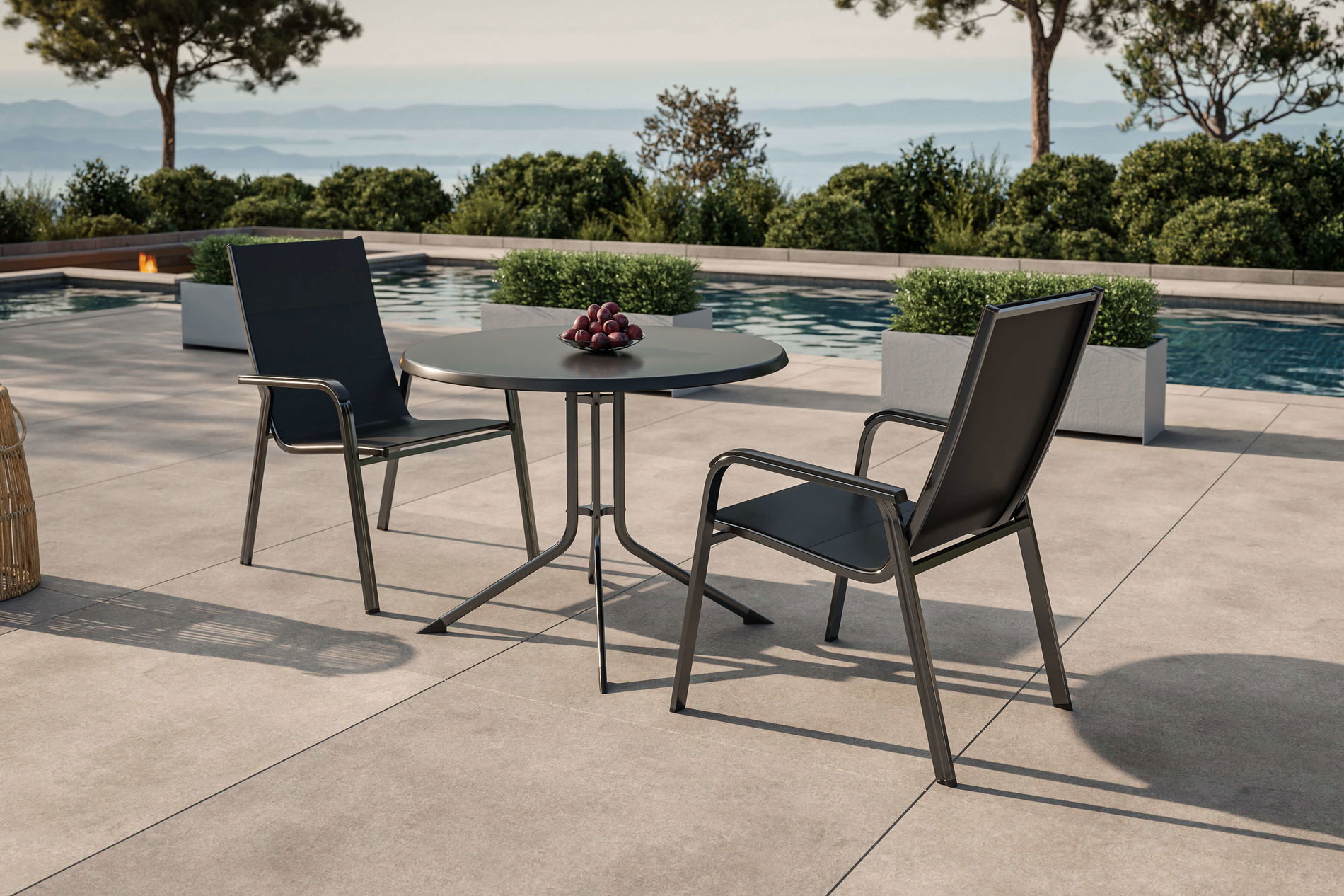 KETTLER Boulevard/Basic Plus Garten-Essgruppe mit 2 Stapelsesseln, anthrazit, Alu/Kettalux, Klapptisch Ø100 cm