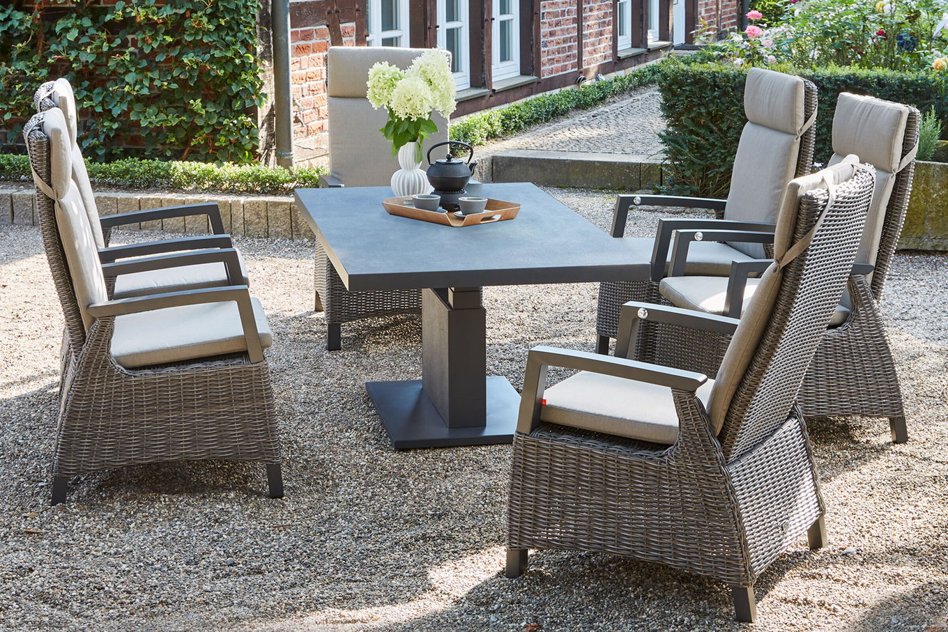 SIENA GARDEN Corido/Bellani Grau Gartenlounge, charcoal/anthrazit/grau, Alu/Gardino®-Geflecht, Lifttisch 160x90 cm, 6 Dining Move Sessel 22116__1